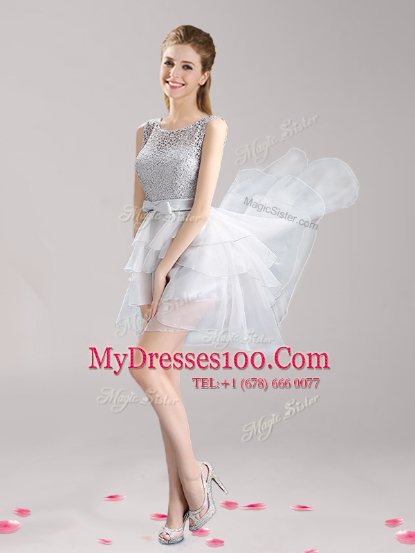 Scoop Sleeveless Lace Up Mini Length Lace and Ruffles and Bowknot Cocktail Dresses