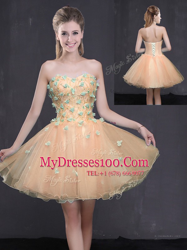 Fantastic Organza Sweetheart Sleeveless Lace Up Appliques Cocktail Dress in Peach