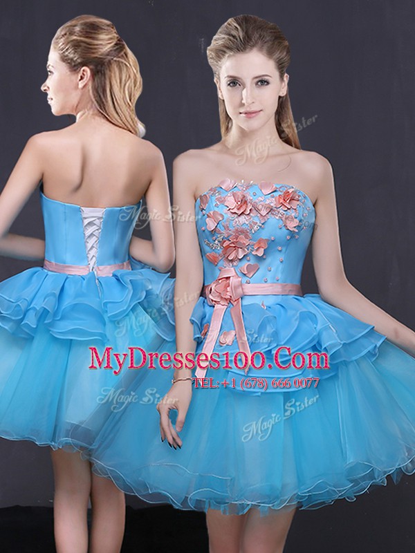 Beautiful Blue Strapless Lace Up Hand Made Flower Womens Party Dresses Sleeveless