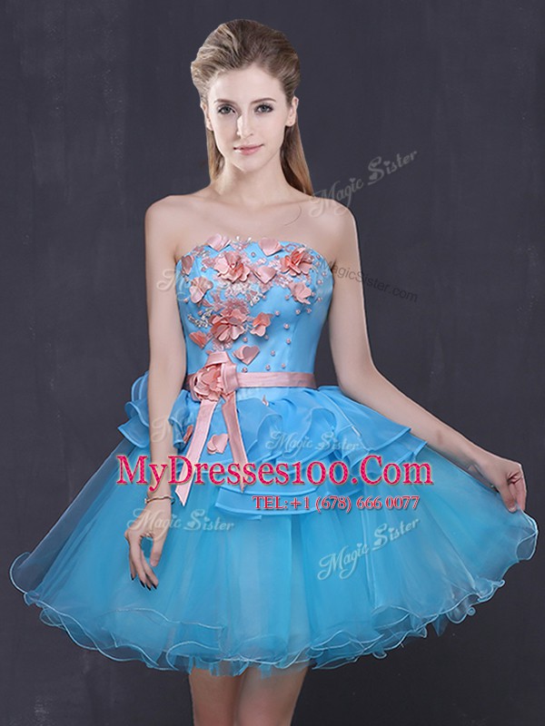 Beautiful Blue Strapless Lace Up Hand Made Flower Womens Party Dresses Sleeveless
