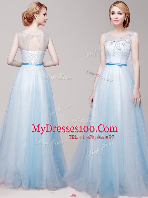 Luxurious Empire Prom Dresses Light Blue Scoop Tulle Sleeveless Floor Length Lace Up