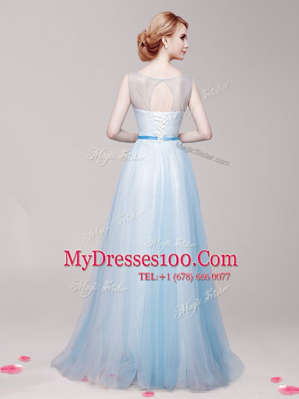 Luxurious Empire Prom Dresses Light Blue Scoop Tulle Sleeveless Floor Length Lace Up