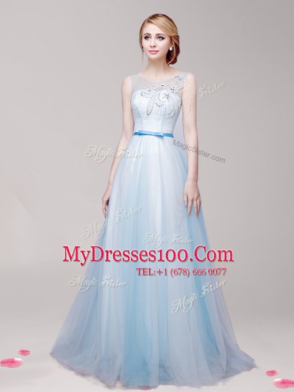 Luxurious Empire Prom Dresses Light Blue Scoop Tulle Sleeveless Floor Length Lace Up