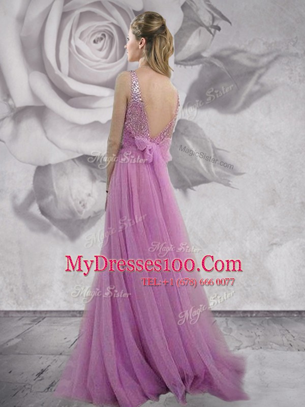Designer Lilac Bateau Backless Beading Brush Train Sleeveless
