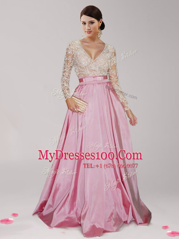 Pink And White Long Sleeves Taffeta Zipper Prom Dress for Prom