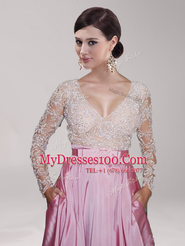Pink And White Long Sleeves Taffeta Zipper Prom Dress for Prom