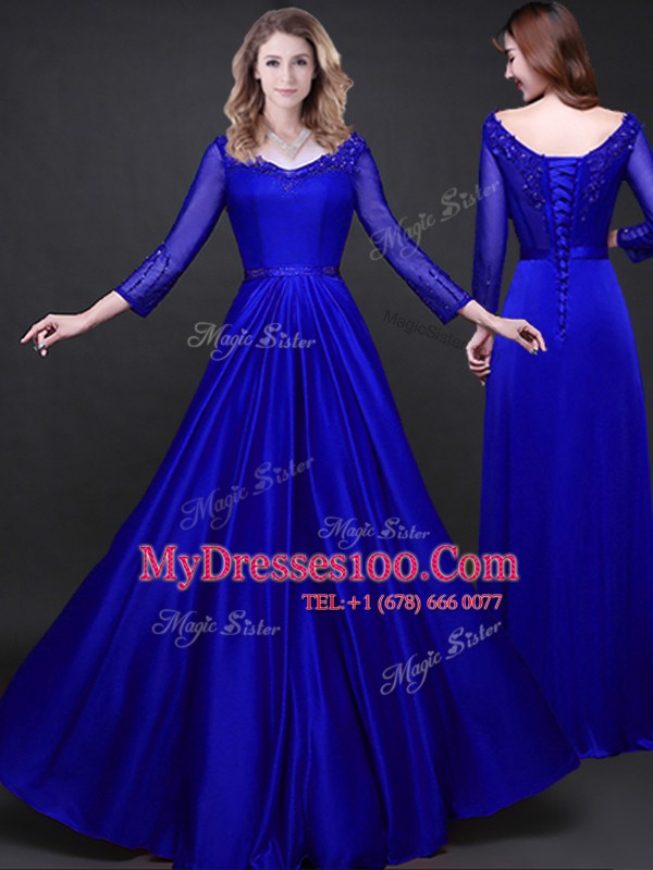 Traditional Long Sleeves Floor Length Appliques and Belt Lace Up Prom Party Dress with Royal Blue
