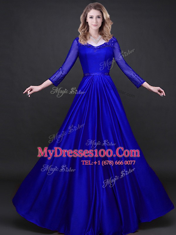 Traditional Long Sleeves Floor Length Appliques and Belt Lace Up Prom Party Dress with Royal Blue