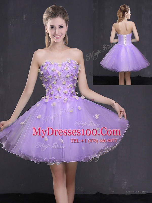 Lavender A-line Organza Sweetheart Sleeveless Appliques Mini Length Lace Up Cocktail Dresses