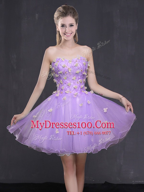Lavender A-line Organza Sweetheart Sleeveless Appliques Mini Length Lace Up Cocktail Dresses