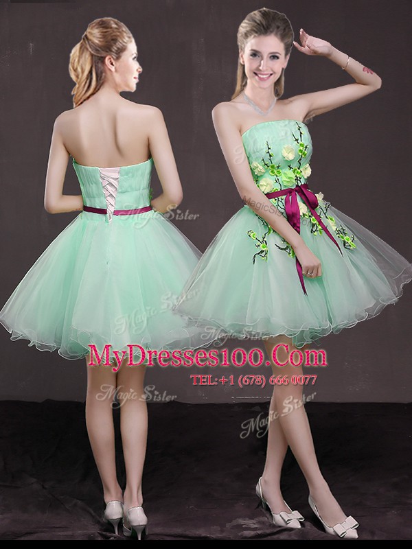 Admirable Apple Green A-line Strapless Sleeveless Organza Mini Length Lace Up Appliques and Belt Womens Party Dresses