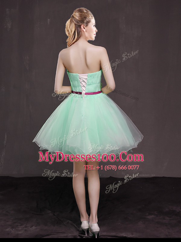 Admirable Apple Green A-line Strapless Sleeveless Organza Mini Length Lace Up Appliques and Belt Womens Party Dresses
