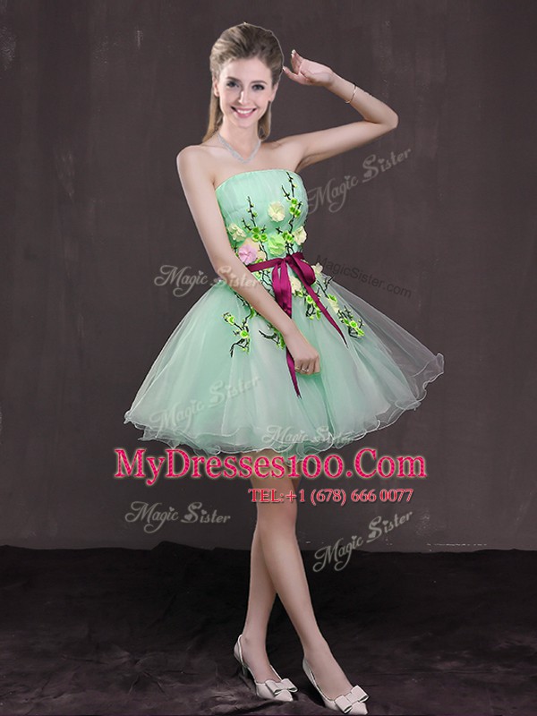 Admirable Apple Green A-line Strapless Sleeveless Organza Mini Length Lace Up Appliques and Belt Womens Party Dresses