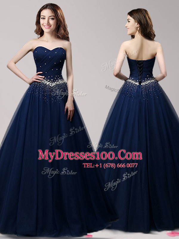 Top Selling Navy Blue Sleeveless Beading Floor Length Prom Gown