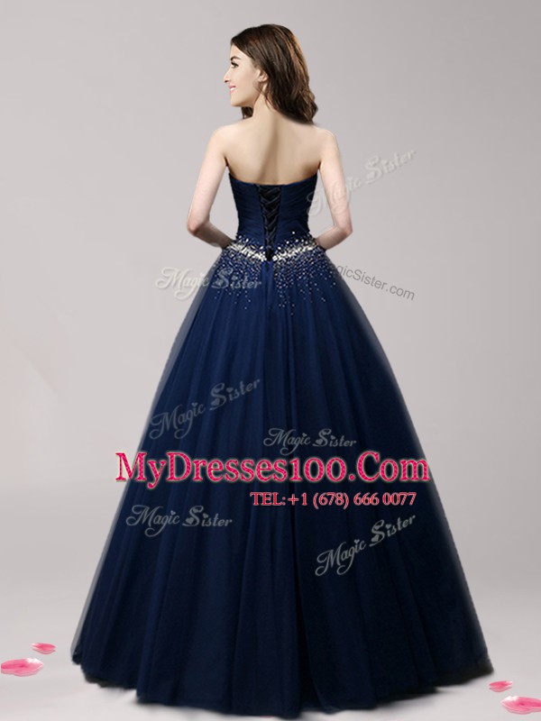 Top Selling Navy Blue Sleeveless Beading Floor Length Prom Gown