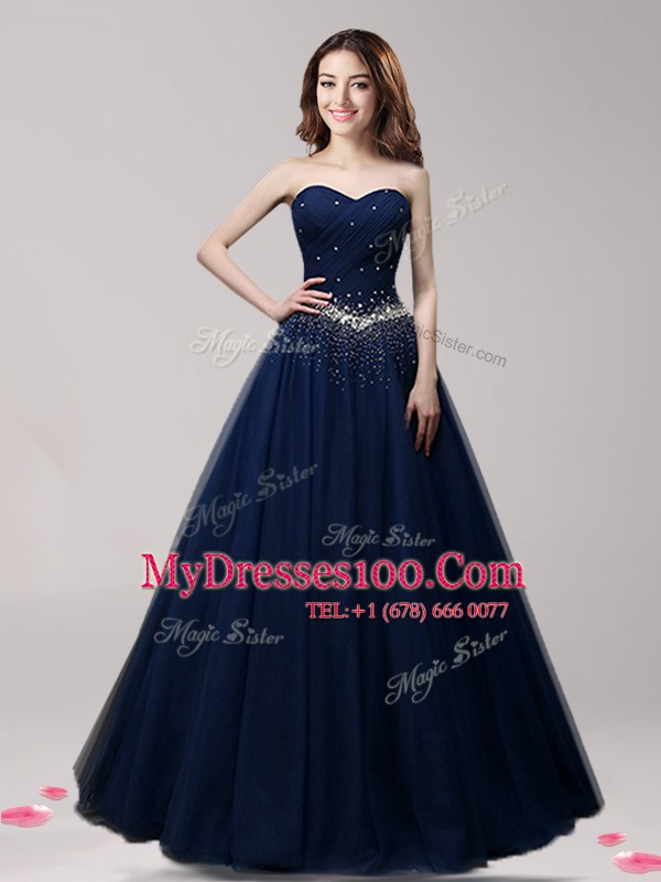 Top Selling Navy Blue Sleeveless Beading Floor Length Prom Gown