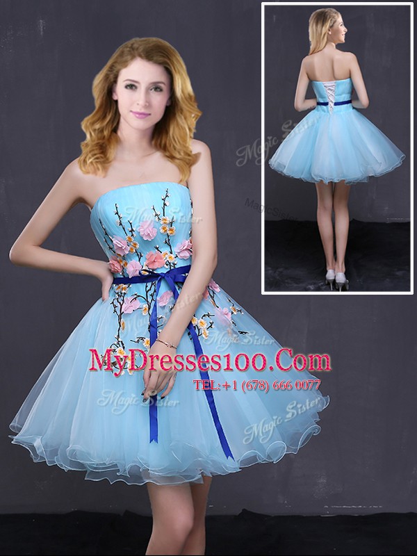 Hot Sale Sleeveless Organza Mini Length Lace Up Party Dress Wholesale in Baby Blue with Appliques and Belt