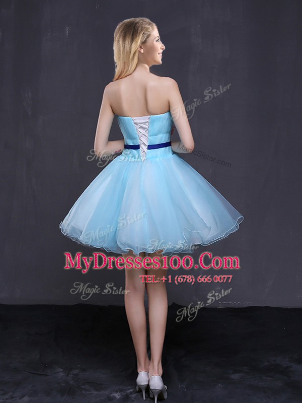 Hot Sale Sleeveless Organza Mini Length Lace Up Party Dress Wholesale in Baby Blue with Appliques and Belt