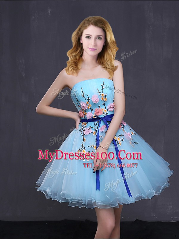 Hot Sale Sleeveless Organza Mini Length Lace Up Party Dress Wholesale in Baby Blue with Appliques and Belt