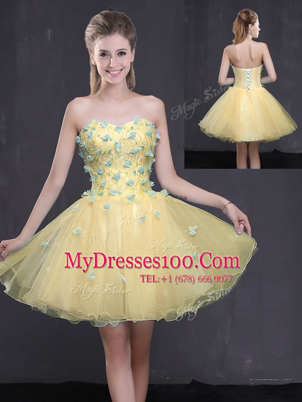 Light Yellow Lace Up Sweetheart Appliques Prom Dress Organza Sleeveless