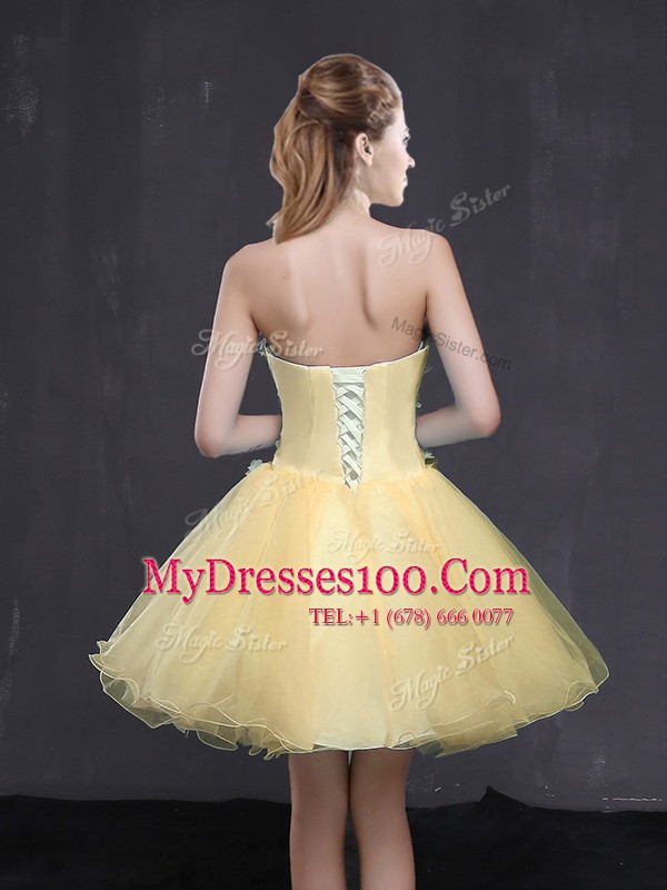 Light Yellow Lace Up Sweetheart Appliques Prom Dress Organza Sleeveless