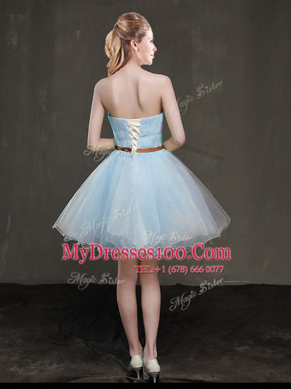 Light Blue Sleeveless Appliques and Belt Mini Length Cocktail Dress