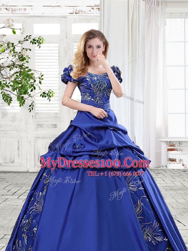 Enchanting Taffeta Off The Shoulder Cap Sleeves Lace Up Appliques and Pick Ups and Bowknot Quinceanera Gown in Royal Blue