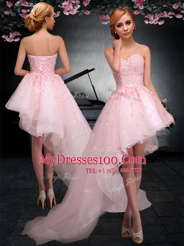 Shining A-line Evening Party Dresses Baby Pink Sweetheart Tulle Sleeveless Asymmetrical Lace Up