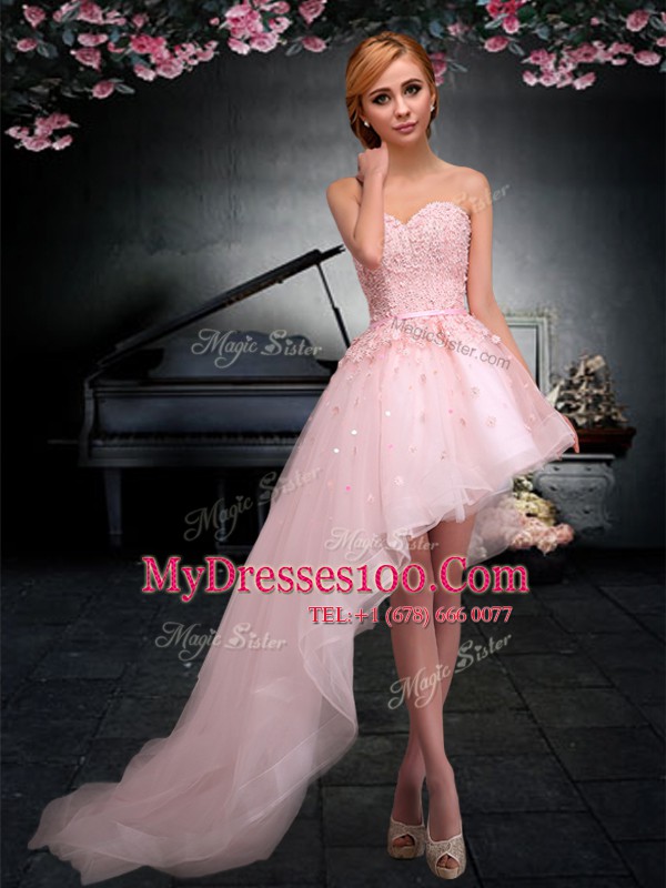 Shining A-line Evening Party Dresses Baby Pink Sweetheart Tulle Sleeveless Asymmetrical Lace Up