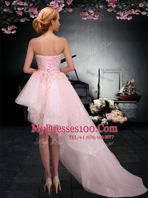 Shining A-line Evening Party Dresses Baby Pink Sweetheart Tulle Sleeveless Asymmetrical Lace Up