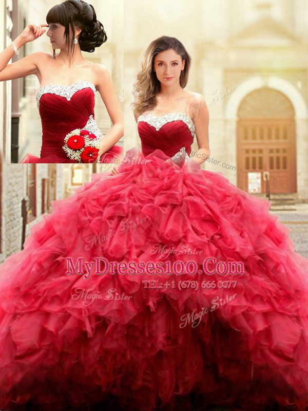 Sweetheart Sleeveless Quince Ball Gowns Floor Length Beading and Ruffles Red Tulle