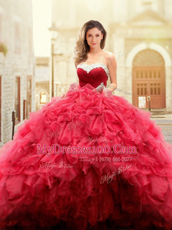 Sweetheart Sleeveless Quince Ball Gowns Floor Length Beading and Ruffles Red Tulle