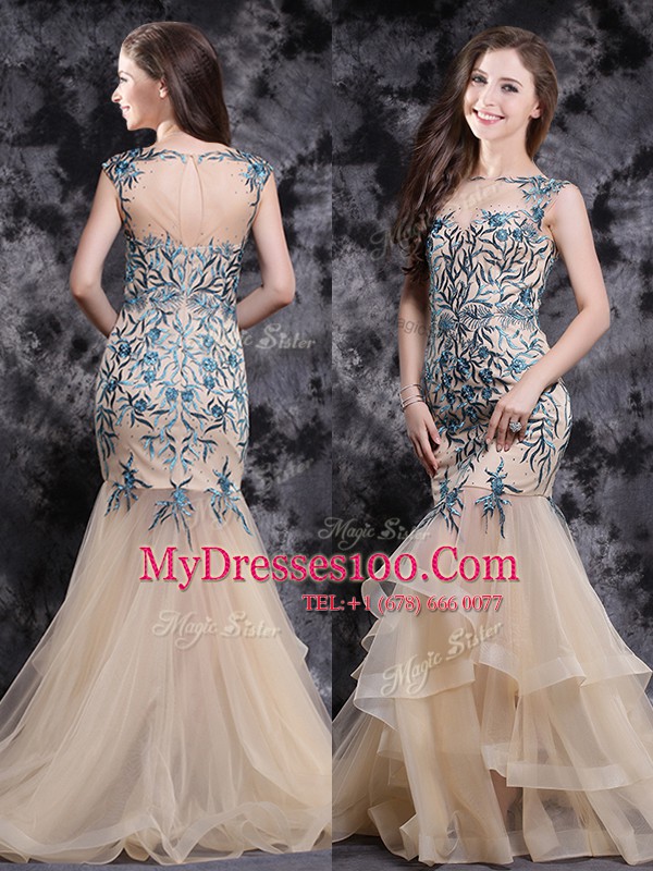 Popular Mermaid Champagne Tulle Zipper Prom Party Dress Sleeveless With Brush Train Appliques and Ruffles
