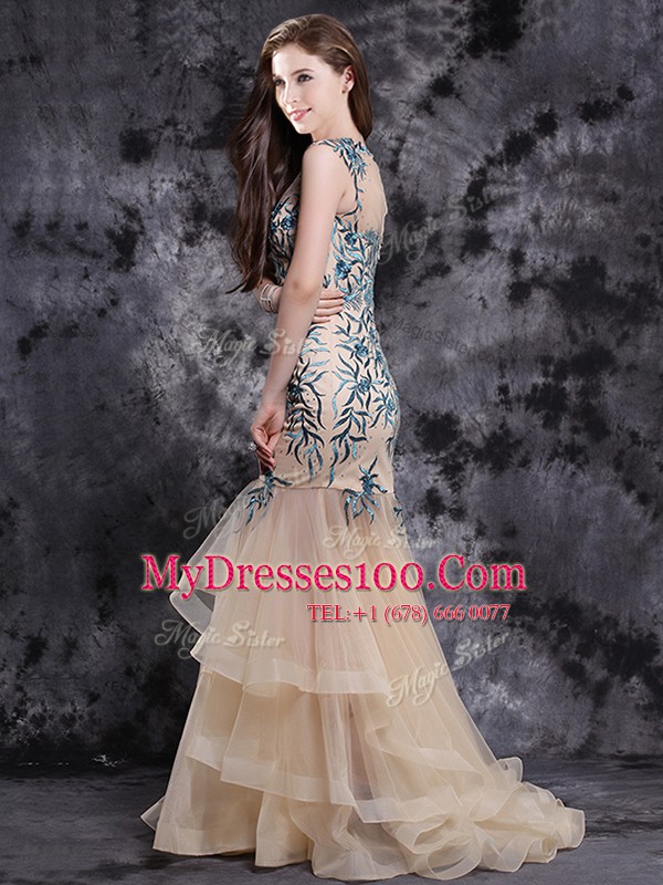 Popular Mermaid Champagne Tulle Zipper Prom Party Dress Sleeveless With Brush Train Appliques and Ruffles