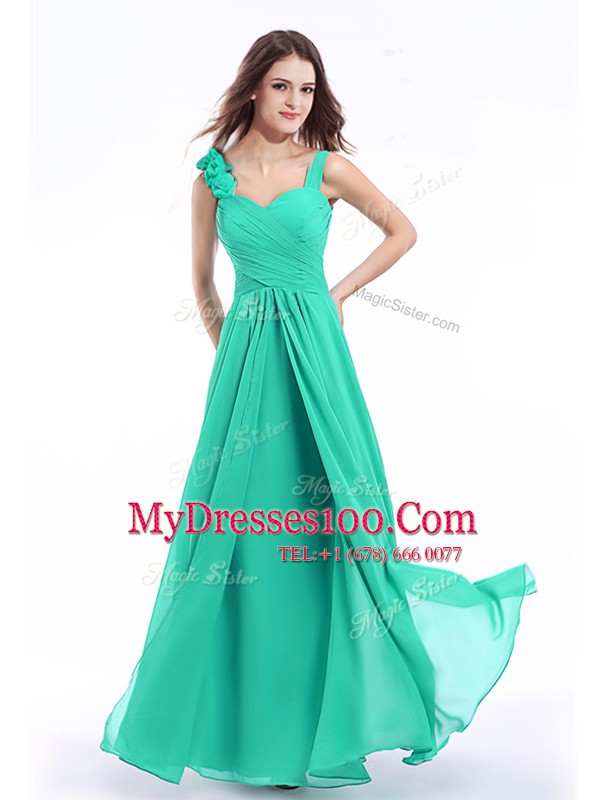 Customized Straps Sleeveless Floor Length Hand Made Flower Zipper Prom Evening Gown with Turquoise