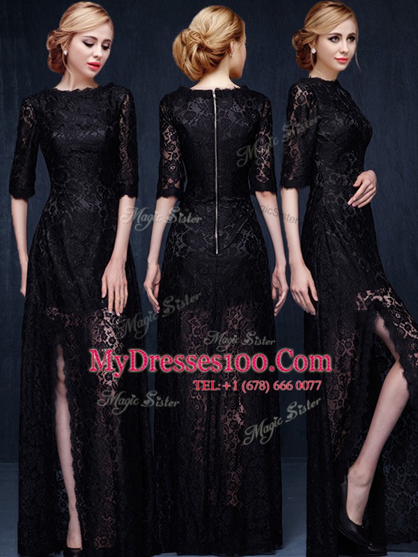 Most Popular Scoop Half Sleeves Evening Gowns Floor Length Lace Black Lace