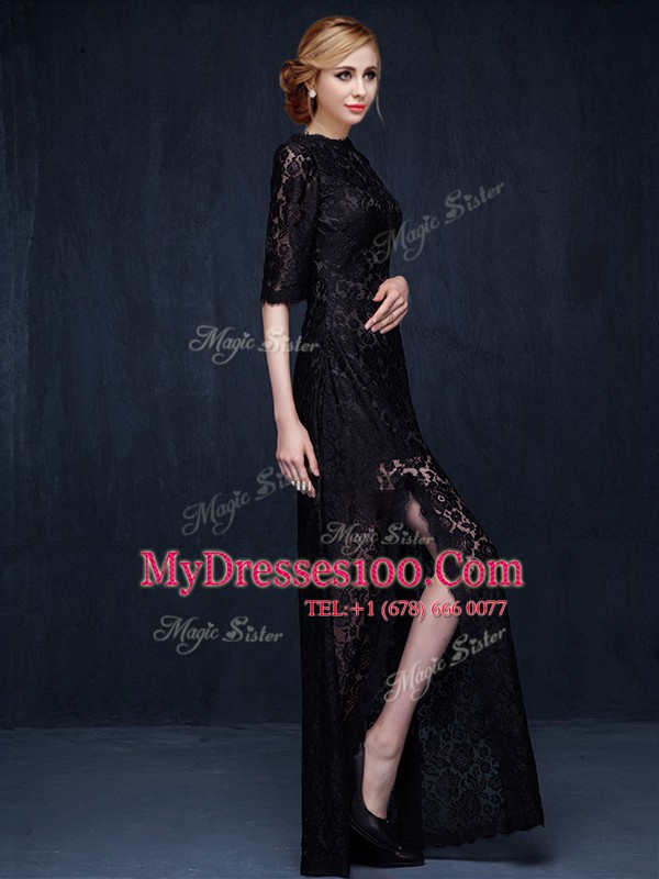 Most Popular Scoop Half Sleeves Evening Gowns Floor Length Lace Black Lace