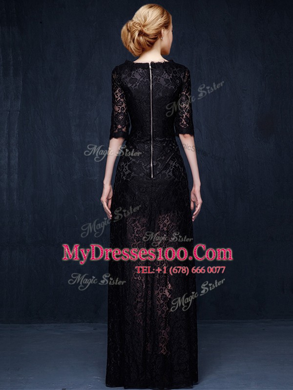 Most Popular Scoop Half Sleeves Evening Gowns Floor Length Lace Black Lace