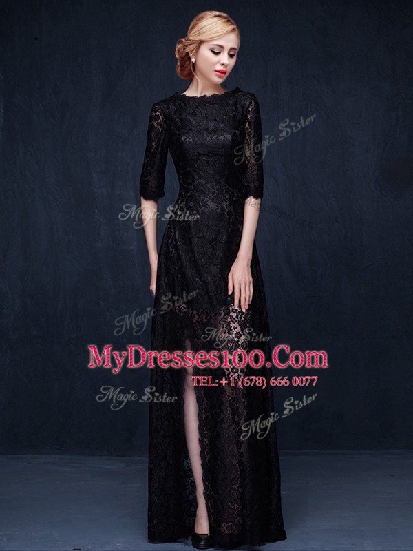 Most Popular Scoop Half Sleeves Evening Gowns Floor Length Lace Black Lace