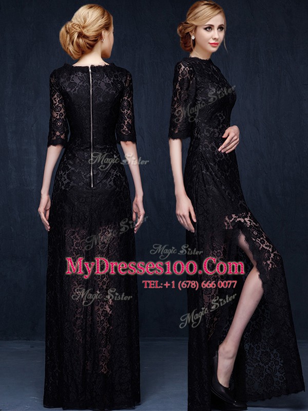 Most Popular Scoop Half Sleeves Evening Gowns Floor Length Lace Black Lace