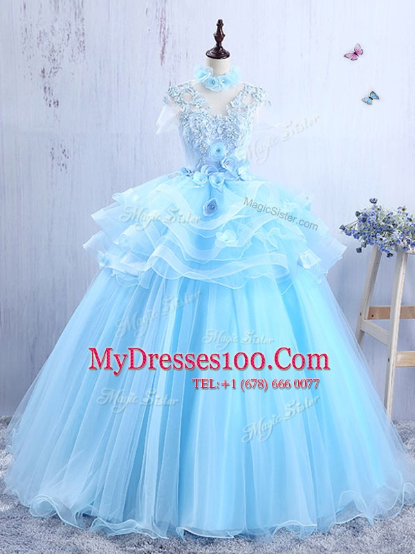 Baby Blue Short Sleeves Floor Length Appliques and Ruffles Lace Up Prom Dress