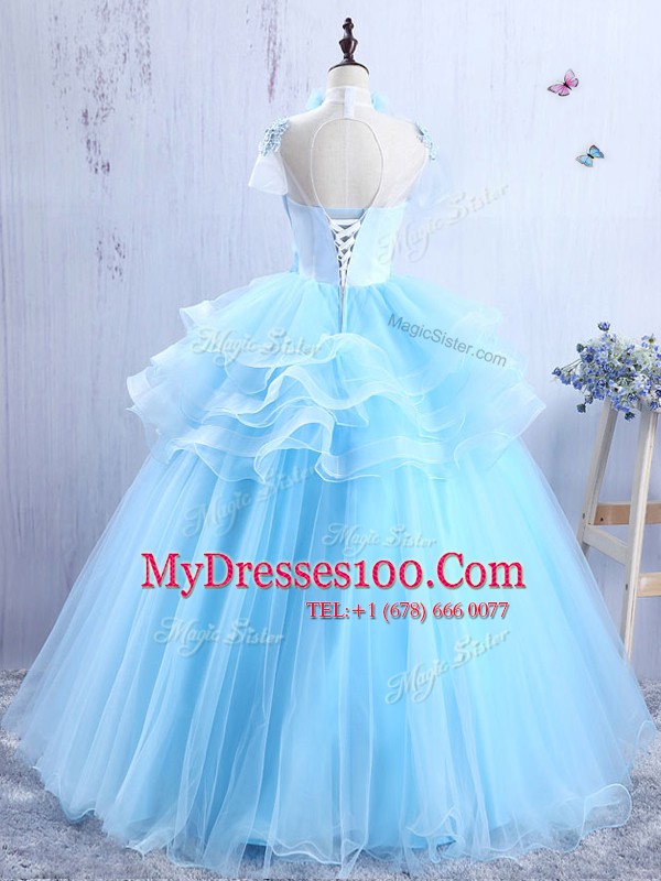 Baby Blue Short Sleeves Floor Length Appliques and Ruffles Lace Up Prom Dress