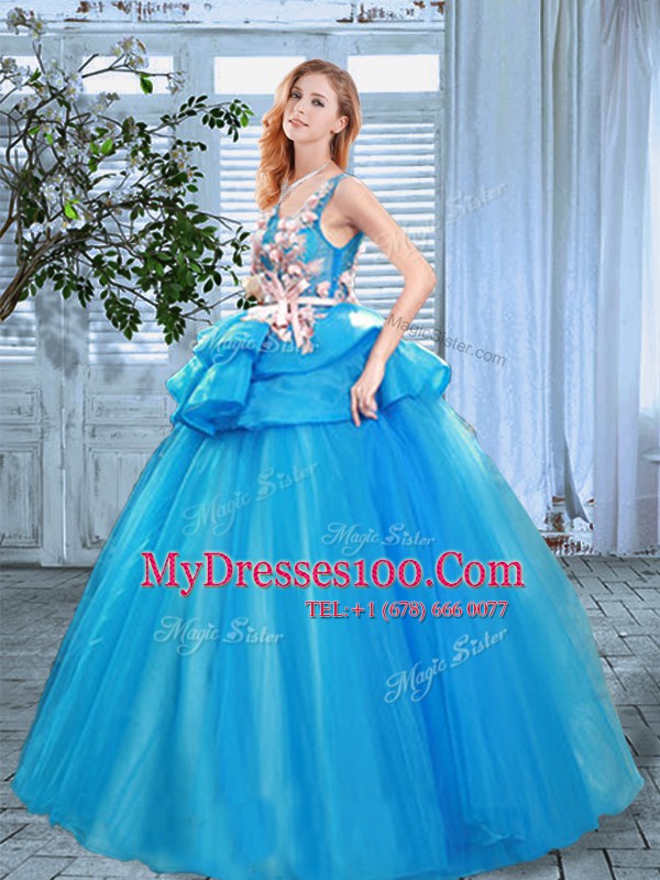 Scoop Blue Organza Lace Up 15 Quinceanera Dress Sleeveless Floor Length Appliques and Hand Made Flower