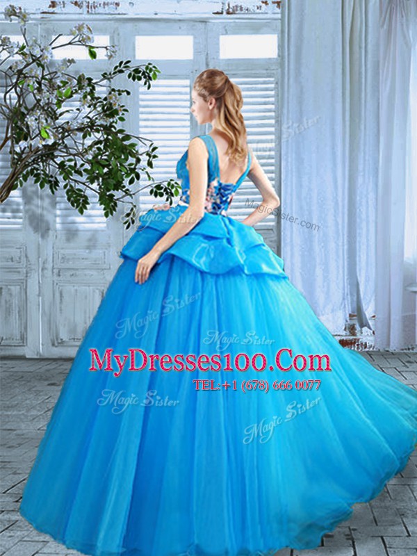 Scoop Blue Organza Lace Up 15 Quinceanera Dress Sleeveless Floor Length Appliques and Hand Made Flower