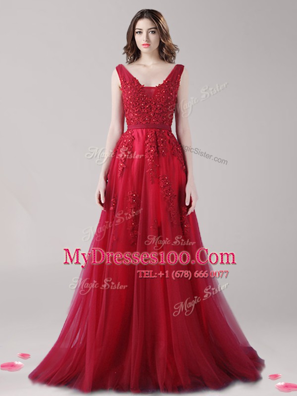 Dramatic Straps Sleeveless Tulle Beading and Appliques and Belt Backless