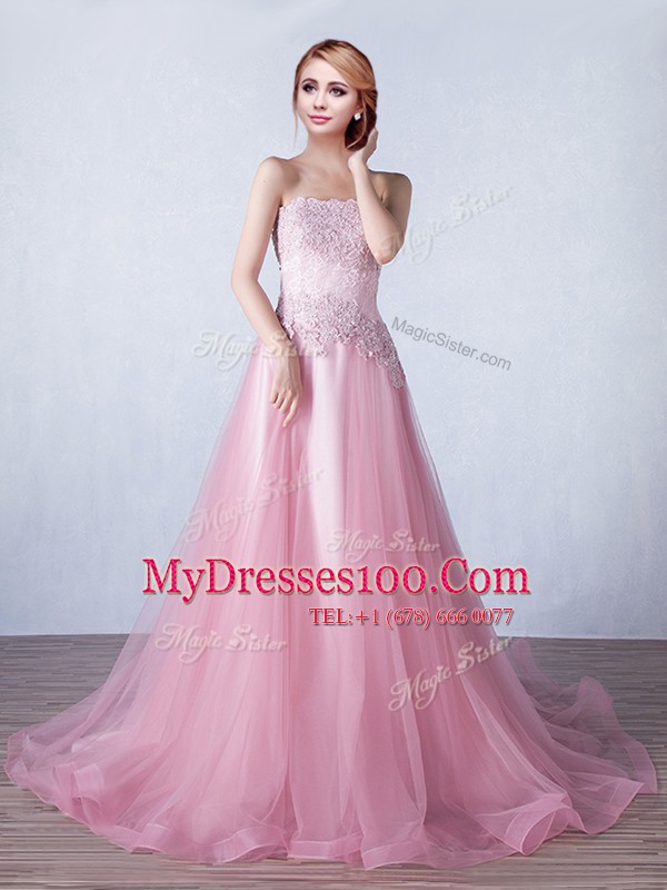 Sleeveless Brush Train Appliques Lace Up Homecoming Dress