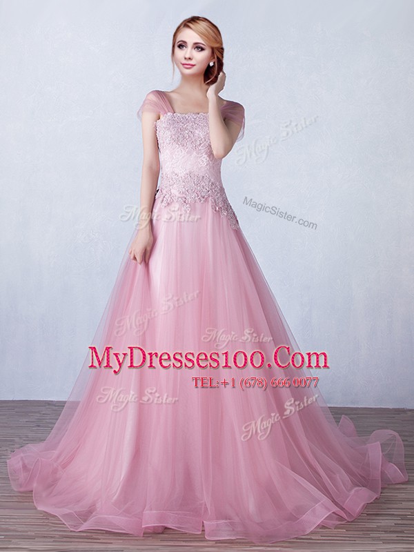 Sleeveless Brush Train Appliques Lace Up Homecoming Dress