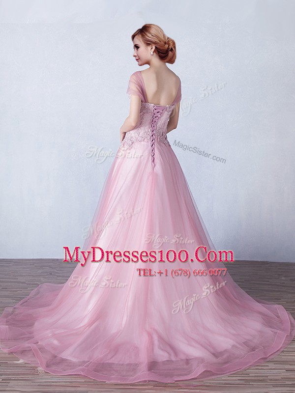Sleeveless Brush Train Appliques Lace Up Homecoming Dress