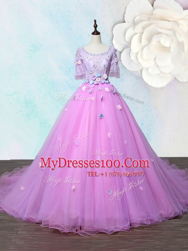 Vintage Scoop Lilac Half Sleeves Court Train Beading and Appliques With Train Military Ball Gown