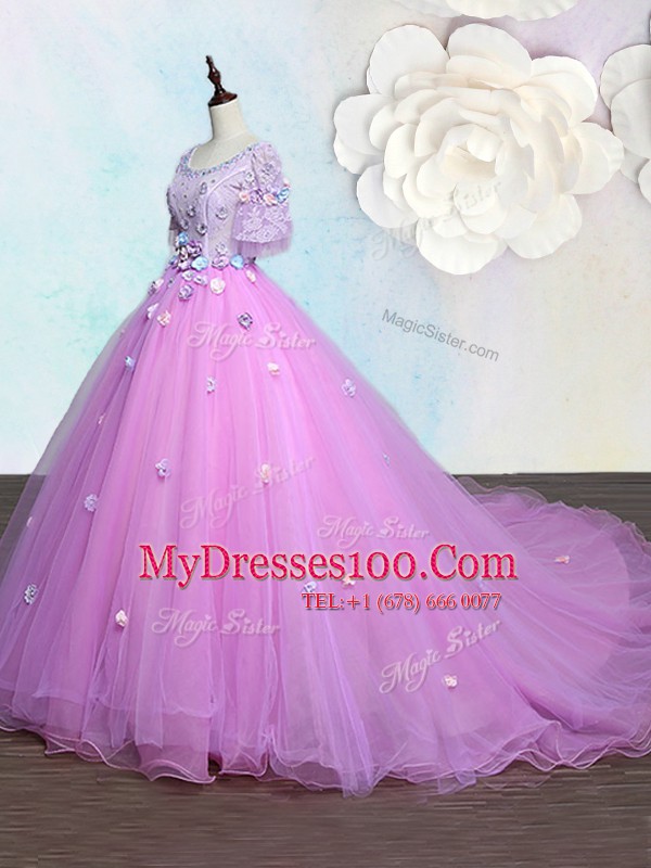 Vintage Scoop Lilac Half Sleeves Court Train Beading and Appliques With Train Military Ball Gown